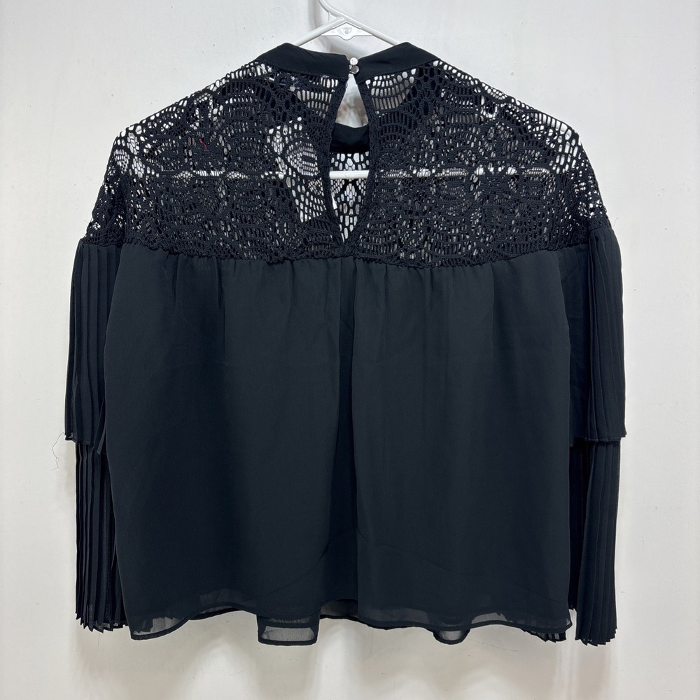 Abercrombie Fitch Womens Black Pleated Bell Sleeve Lace Blouse Size XS Romantic - Picture 5 of 5